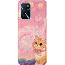 MONOFLEX Oppo A16/A55 Uyumlu Yağlı Boya Fularlı Kedi Desenli Şeffaf Telefon Kılıfı