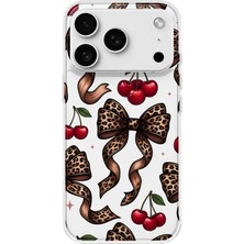 MONOFLEX iPhone 18 Pro Uyumlu Leopar Fiyonk ve Kiraz Desenli Şeffaf Telefon Kılıfı