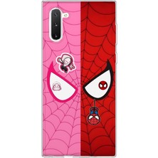 MONOFLEX Samsung Galaxy Note 10 Uyumlu Pembe Kırmızı Örümcek Ağı Desenli Şeffaf Telefon Kılıfı