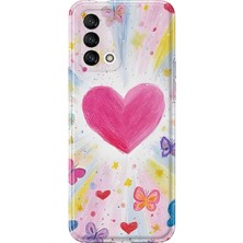 MONOFLEX Oppo A74 Uyumlu Pastel Pembe Kalp ve Kelebek Desenli Şeffaf Telefon Kılıfı