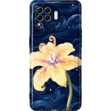 MONOFLEX Oppo Reno 5 Lite Uyumlu Lacivert Gece Sarı Zambak Desenli Şeffaf Telefon Kılıfı