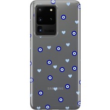 MONOFLEX Samsung Galaxy S20 Ultra Uyumlu Nazar Boncuğu ve Kalp Desenli Şeffaf Telefon Kılıfı