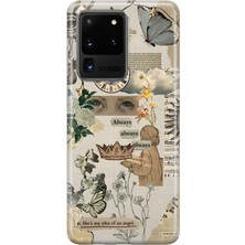 MONOFLEX Samsung Galaxy S20 Ultra Uyumlu Vintage Kelebek Kolaj Desenli Şeffaf Telefon Kılıfı