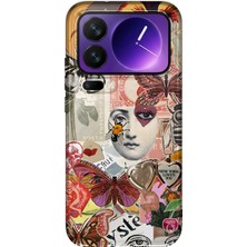 MONOFLEX Xiaomi 17 Pro Max Uyumlu Vintage Kelebek ve Ay Yüzü Kolaj Desenli Şeffaf Telefon Kılıfı