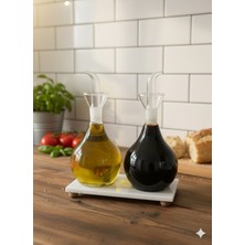 Reoona Mermer Stantlı Borosilikat Tombul Düz Cam Yağlık 2’li Set 900 ML+900 ml