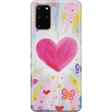 MONOFLEX Samsung Galaxy S20 Plus Uyumlu Pastel Pembe Kalp ve Kelebek Desenli Şeffaf Telefon Kılıfı