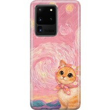 MONOFLEX Samsung Galaxy S20 Ultra Uyumlu Yağlı Boya Fularlı Kedi Desenli Şeffaf Telefon Kılıfı