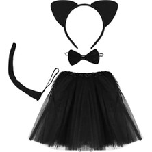 Pileli Store Kedi Eteği Tacı Kuyruğu ve Papyon Seti Siyah Renk Çocuk Boy