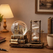 Keyfim Shop Nostaljik Kar Küresi ve Kum Saati Dekoratif Masa Aksesuarı – Kitap Temalı Vintage Tasarım, Şık Ev ve Ofis Dekorasyonu