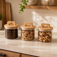 Tr Havana Bambu Kapaklı Cam Kavanoz 370 ml 3'lü Set, Şeffaf Cam Saklama Kavanozu, Kulplu Bambu Ka