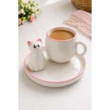 Tr Kedi Figürlü Pembe Renk Seramik Espresso Fincanı ve Tabak Seti – Sevimli Tasarım Mini Kahve