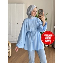 Moonsc Kadın Balon Kol Bel Bağlamalı %100 Pamuk Bisiklet Yaka Standart Beden Mavi Tesettür Gömlek
