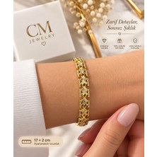 İdilce Gold Çiçek Desenli Işlemeli Kadın Bileklik 17+2 cm