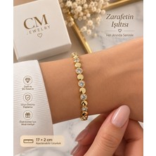İdilce Gold Yuvarlak Plaka ve Zirkon Taşlı Kadın Bileklik 17+2 cm
