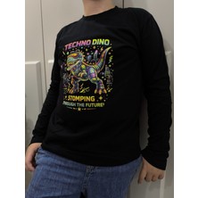 Pidal Giyim Neon Renkli Tekno Dinozor Baskılı Pamuklu Uzun Kollu Erkek Çocuk Swweatshirt
