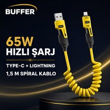 Store 4'ü 1 Arada Esnek Spiral Hızlı Şarj Kablosu, Araç Içi Yaylı Kablo, Type-C ve Lightning Uyumlu Çoklu Şarj Kablosu