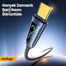 Store 240W Type-C To Type-C Dijital Ekranlı Hızlı Şarj Kablosu 1m, Örgülü Akıllı Göstergeli Pd 3.1 480MBPS Data ve Veri Transfer Kablosu, Macbook, iPhone 15/16, Android ile Uyumlu - Siyah
