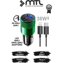Store Araç Şarj Aleti Çakmaklık 38W Lightning |type-C + USB Çift Portlu - Qualcomm Qc 4.0 Desteği MT-A1834 Yeşil ile Uyumlu