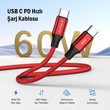 Store USB C'den USB C'ye 60W, 2.4A, 1m, Pd 2.0, Çift Kat Örgülü Hızlı Şarj ve Data Kablosu (Kırmızı, 1 Metre)