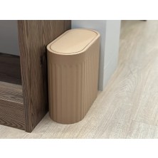 Store 3D Baskı Yivli Oval Çöp Kutusu Sallanır Kapaklı Banyo Tuvalet Mutfak Ofis Kovası 24X12X23 cm Bej