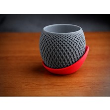 Store 3D Baskı Küre Saksı - Kafes Dokulu Iki Parçalı Dekoratif Saksı - Gri-Kırmızı
