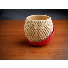 Store 3D Baskı Küre Saksı - Kafes Dokulu Iki Parçalı Dekoratif Saksı - Bej-Kırmızı