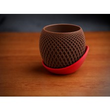 Store 3D Baskı Küre Saksı - Kafes Dokulu Iki Parçalı Dekoratif Saksı - Kahverengi-Kırmızı