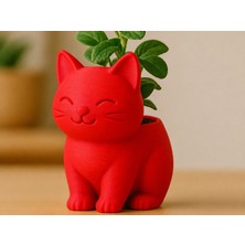 Store 3D Baskı Sevimli Kedi Saksı - Figürlü Sukulent Saksısı-Kırmızı