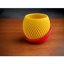 Store 3D Baskı Küre Saksı - Kafes Dokulu Iki Parçalı Dekoratif Saksı - Sarı-Kırmızı