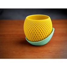 Store 3D Baskı Küre Saksı - Kafes Dokulu Iki Parçalı Dekoratif Saksı - Sarı-Mint