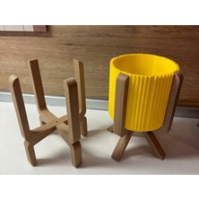 Store 3D Baskı Ayaklı Çizgili Saksı - Bej Standlı Dekoratif Saksı - Sarı