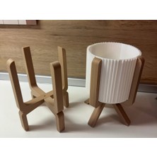 Store 3D Baskı Ayaklı Çizgili Saksı - Bej Standlı Dekoratif Saksı - Beyaz