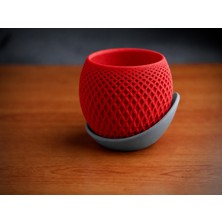 Store 3D Baskı Küre Saksı - Kafes Dokulu Iki Parçalı Dekoratif Saksı - Kırmızı-Gri
