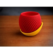 Store 3D Baskı Küre Saksı - Kafes Dokulu Iki Parçalı Dekoratif Saksı - Kırmızı-Sarı