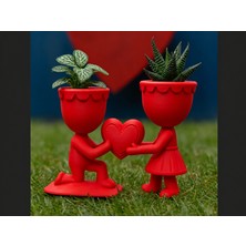 Store 3D Baskı Aşk Saksısı - Kalp Tutan Çift Figürlü Dekoratif Saksı - Kırmızı