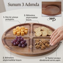 Store 4 Bölmeli 360° Dönerli Akasya Ahşap Sunum Tabağı, 30 cm Çap, 2,2 cm Kalınlık, Yuvarlak Servis Tepsisi, Peynir, Kuruyemiş ve Atıştırmalık Için, 1 Adet
