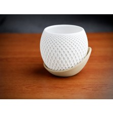 Store 3D Baskı Küre Saksı - Kafes Dokulu Iki Parçalı Dekoratif Saksı - Beyaz-Bej