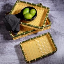 Store Wicker Serisi 3’lü Hasır Örme Dikdörtgen Tepsi Seti