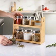 Store 8 Parça Borosilikat Cam Baharatlık Seti (700 Ml) - Paslanmaz Çelik Kapaklı ve Bambu Kapak Sçenekli 2 Katlı Bambu Standlı Tezgah Üstü Erzak Kabı ve Mutfak Düzenleyici Organizer (Bambu Kapak)
