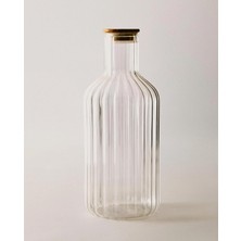 Store ® Çizgili Borosilikat Cam Karaf 1.5lt - Vakumlu Ahşap Kapaklı Sürahi - Isıya Dayanıklı Cam Su, Meşrubat ve Başucu Sürahisi
