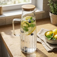 Store Bambu Kapaklı Borosilikat Cam Yağdanlık ve Sürahi, Çok Amaçlı Içecek ve Sıvı Gıda Saklama 1000ML (11X26CM)