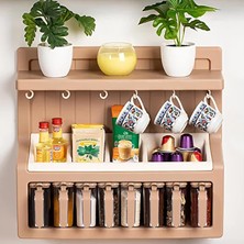 Store Kahve Köşelik ve Baharatlık, Duvara Monte Mutfak Rafı, 8 Li Baharatlık, Fincan Askılı, 40,5X37X12 cm (Krem)
