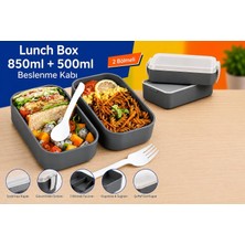 Store Dordoi Astrallife 2 Katlı Beslenme Kabı 850 ml + 500 ml Bölmeli Lunch Box Çatal Kaşık Seti Gri Renk