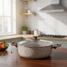 Store Magma Derin Tencere - 22CM-24CM Seçenekli - Iç Dış Beyaz ve Bronz Detaylı Yanmaz Yapışmaz Cam Kapaklı Çorba ve Yemek Tenceresi