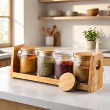 Store 5 Parça Bambu Standlı Cam Baharatlık Seti - Doğal Bambu Kapaklı, Tezgâh Üstü Dekoratif Mutfak Düzenleyici Takım
