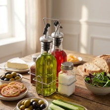 Store 5 Parça Paslanmaz Çelik Standlı Cam Yağlık Sirkelik ve Baharatlık Seti - Akıtmaz Dökme Başlıklı, Sızdırmaz Yağ Şişesi ve Tuzluk Karabiberlik Takımı
