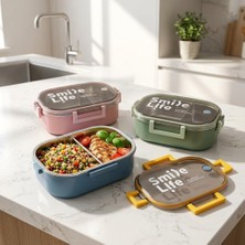 Store Paslanmaz Çelik Yemek Kabı 980 Ml, Bölmeli Iç Hazneli Kilitli Kapaklı Lunch Box, Mavi Yeşil Pembe Renk Seçenekli Taşınabilir Saklama Kabı, 21,5X15X7,8 cm