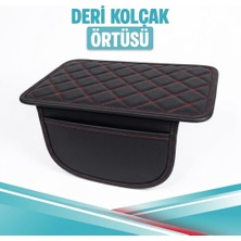 Volvo C70 Uyumlu Cepli Deri Kolçak Minderi Koruyucu Örtü Siyah Deri Kırmızı Dikiş