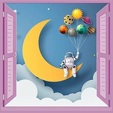 Orevio Çocuk ve Bebek Odası Pencere Posteri Duvar Kağıdı, Astronot ve Ay
