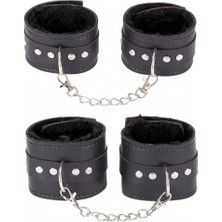 Orevio Siyah Deri Kelepçe Seti, Peluş Astarlı, Metal Zincirli, Bileklik ve Ayak Bileği Kelepçesi, 2'li Set